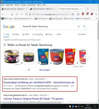 Google-Suche: Route 66 Tabak Täuschung