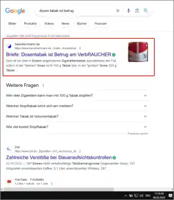 Google-Suche: dosen tabak ist betrug