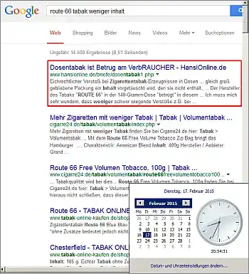 Google-Suche: route 66 tabak weniger inhalt