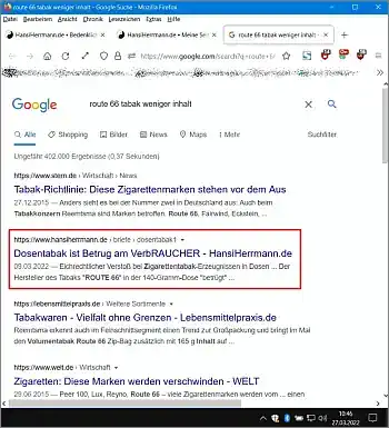 Google-Suche: route 66 tabak weniger inhalt