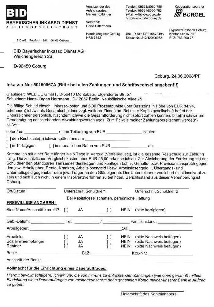 BID: Schuldanerkenntnis vom 24.06.2008