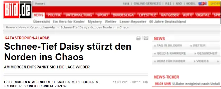 11.01.2010, 06:11 Uhr: BILD-Schlagzeile: »Schnee-Tief Daisy stürzt den Norden ins Chaos«