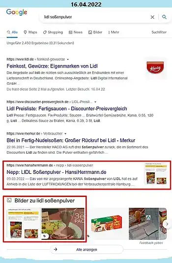 Meine LIDL-Soßenpulver-Seite bei Google
	 auf Platz 4.