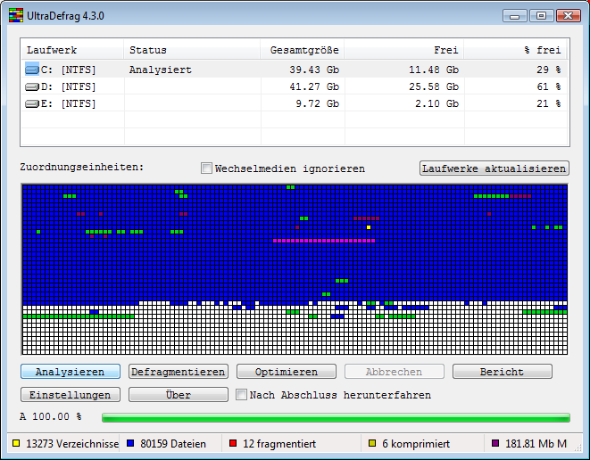 UltraDefrag: Laufwerk analysieren