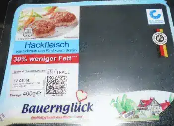 Bauernglück-Hackfleisch: 30% weniger Fett,
20% weniger Inhalt!