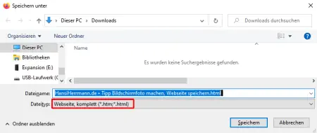 Bildschirmfotos machen: Webseite komplett als HTML-Datei speichern
