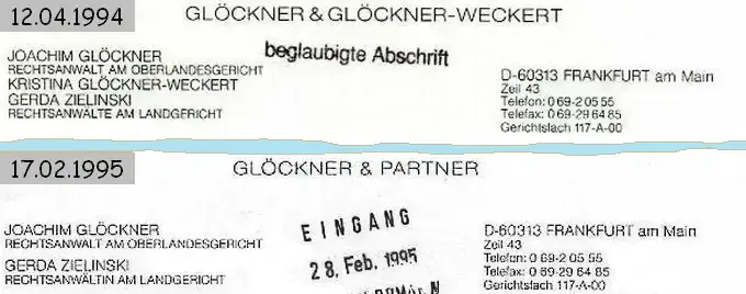 Umfirmierung der Anwaltskanzlei Glöckner